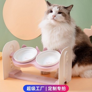 Ceramic Double Bowl <b>Cat</b> <b>Feeder</b> Adjustable Height Non Slip Elevated Food Grade Material For <b>Cats</b> - Product Image 4