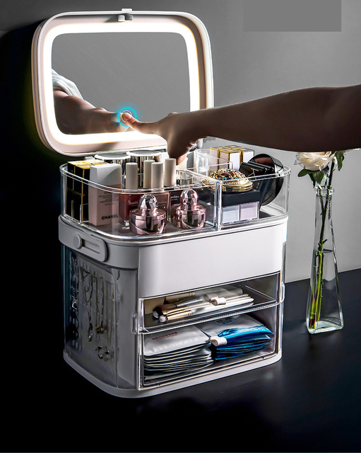 Makeup Tools LED Mirror Cosmetic Organizer Portable Makeup Storage Box Jewelry Large up Lipstick Container Bathroom CaseMakeup