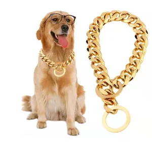 Coleira de cachorro de ouro ajustável de aço inoxidável luxuosa com fivela de metal em cores personalizadas TTT
