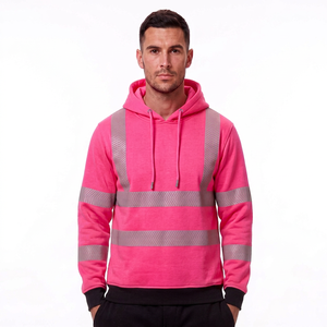 custom reflective safety hoodie men neon <b>pink</b> chevron tape fleece pullover hooded sweatshirt warm winter road workwear uniform - Product Image 1