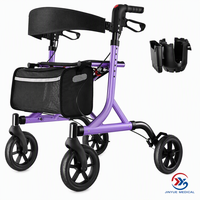 Déambulateur à quatre roues en aluminium avec dossier, sac de rangement, porte-gobelet, hauteur réglable, léger, aide à la mobilité