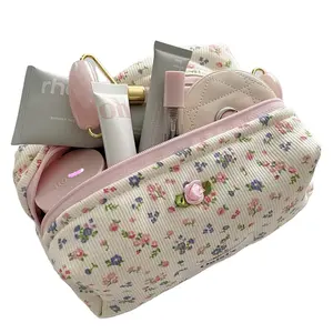 Bolsa de cosméticos con logotipo personalizado, neceser esencial de viaje, bolsa de maquillaje de pana Jacquard floral