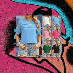 Camiseta Casual Holgada de Cuello Redondo para Mujer, para Vacaciones de Verano, Color Sólido, Encaje, Impresión Digital, Tejido de Punto, Nailon Bordado - Product Image 2