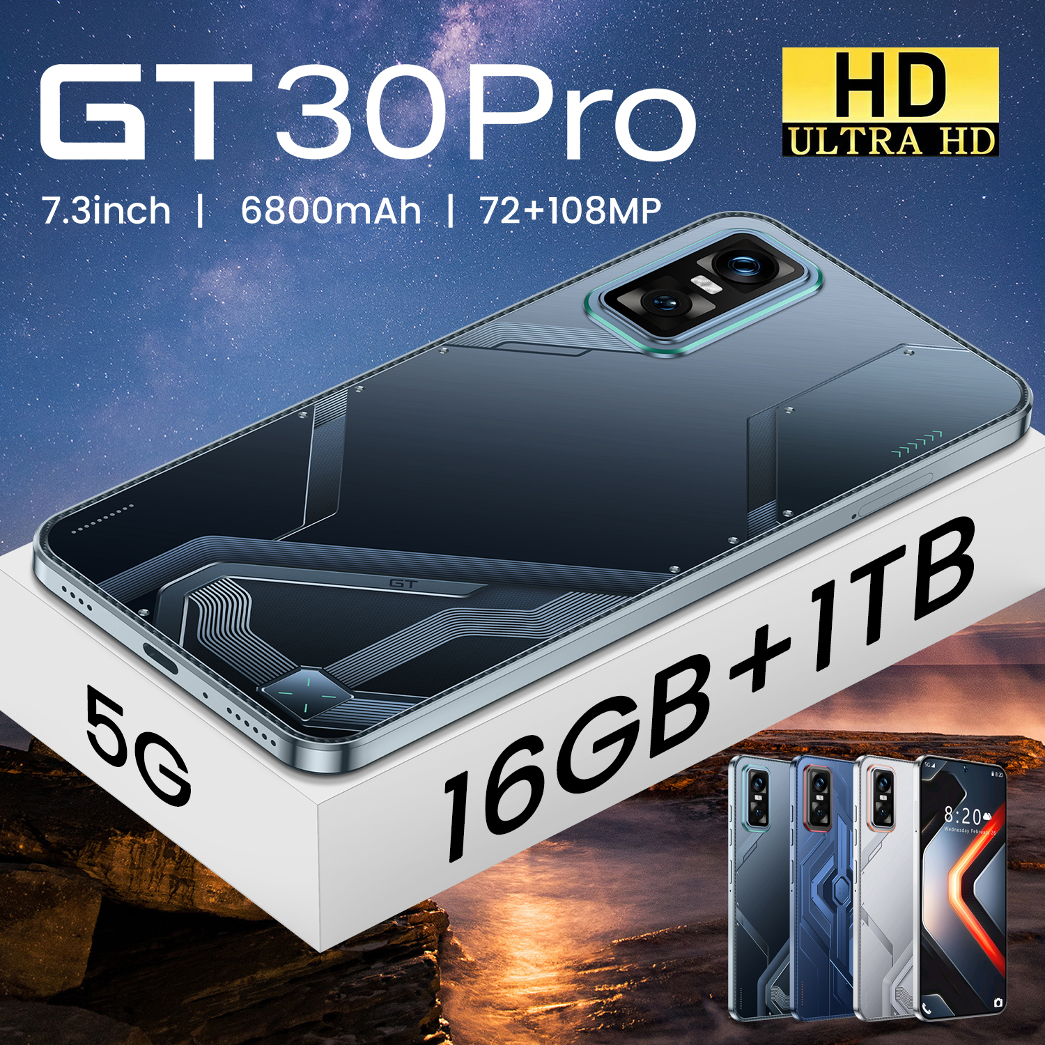 GT30 Pro 5G Smartphone 16GB+1TB Android 14.0 HD Screen 4G/5G 7.3