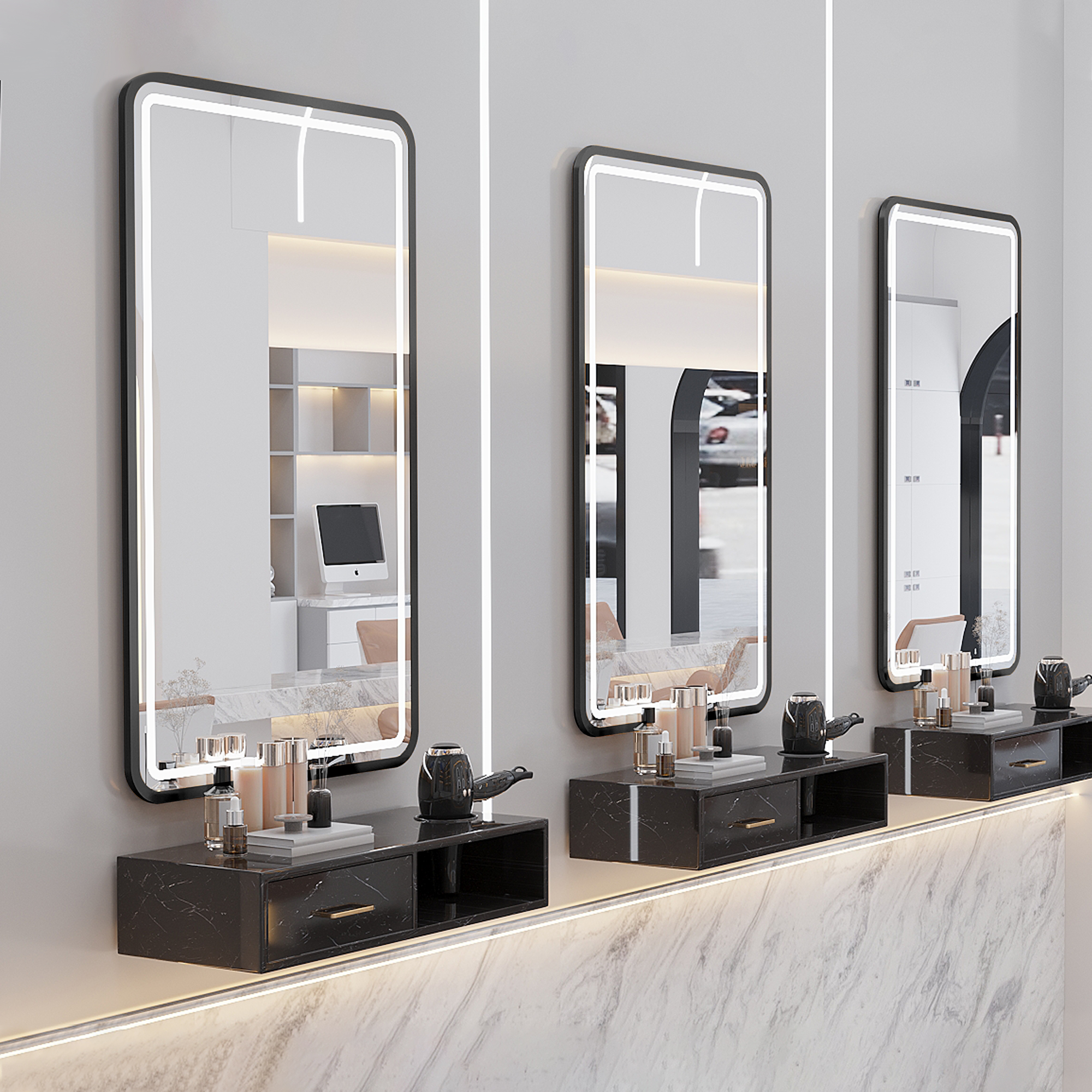 Black-framed rectangle + black wall cabinet