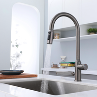 Robinet de cuisine commercial moderne classique en acier inoxydable 304 avec douchette extractible, monocommande, monotrou, eau chaude et froide