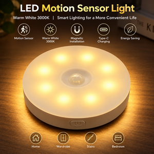 Veilleuse LED à détecteur de mouvement, blanc chaud 3000K, ronde, magnétique, rechargeable Type-C, pour la maison, la garde-robe, les escaliers, la chambre - Product Image 1