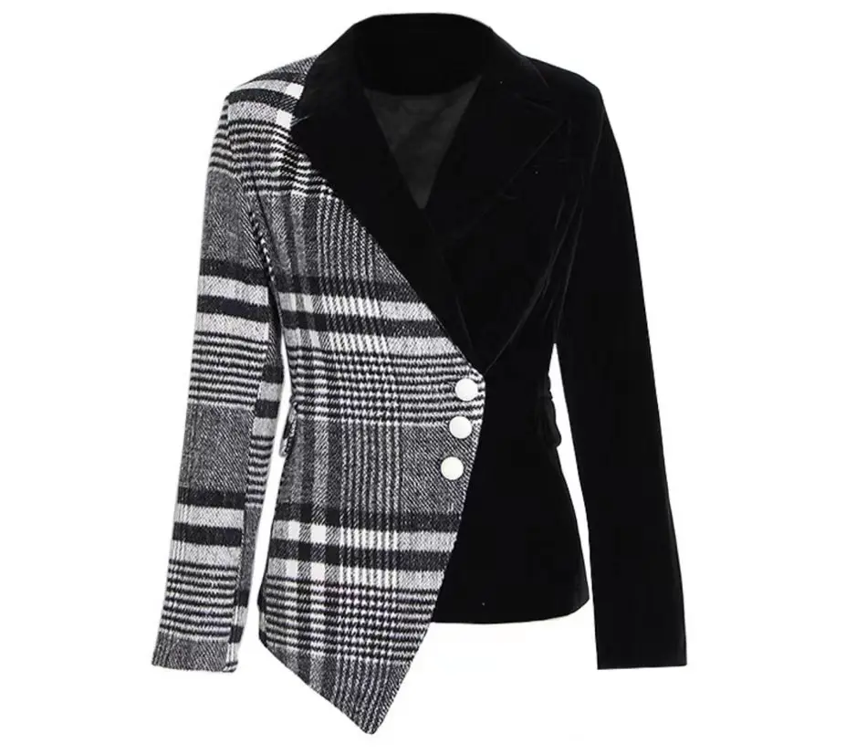 Women Luxury Plus Size Black Velvet Blazer with Plaid Elegant Long Sleeve Suit Fitted Jackets