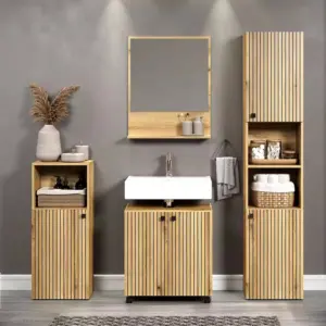 Armário de parede de madeira para banheiro, conjunto de móveis para banheiro, armário de chão, organizador de espelho suspenso