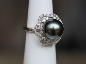 Nouveau design personnalisé Unique bohème hawaïen perle noire fleur 14k or massif diamant naturel anneaux de mariage bijoux femmes - Product Image 2