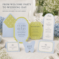 Invitations de mariage bleu vert clair avec papillon, impression de bordure florale, cartes de papeterie de mariage découpées sur mesure