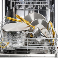 Nouvelle conception, ensemble de 10 ustensiles de cuisine en acier inoxydable triple couche sans revêtement, avec poignée en acier inoxydable doré, compatible four