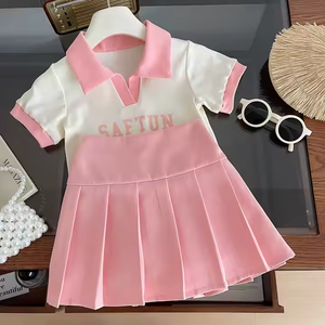 Nouveau été enfants fille col rabattu pour chemise <span class=keywords><strong>jupe</strong></span> plissée 2 pièces solide respirant vêtements ensemble rose rouge 2-7 ans bébé - Product Image 1