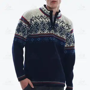 批发提花针织毛衣男士雪花高领拉链北欧羊毛挪威毛衣