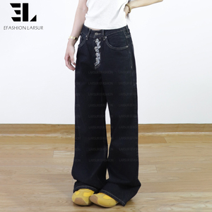 Pantalon en denim brut à braguette boutonnée LARSUR, coupe droite, bord brut, lavage délavé, style japonais, jeans de récupération pour femmes - Product Image 4