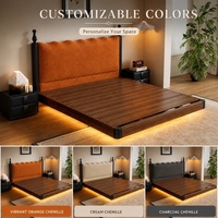 Lit flottant King Size en velours texturé doux avec rangement, tête de lit rembourrée en mousse haute densité, éclairage LED d'ambiance, chambre de luxe
