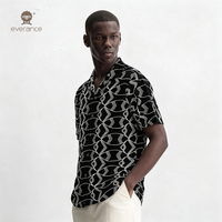Chemise à motif pour homme en poly-linens Mono Interlock, noire et crème, style cubain, pour les vacances à la plage