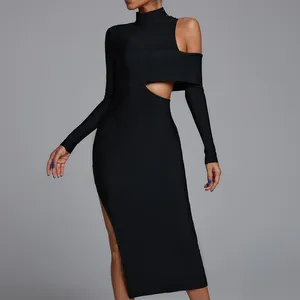 High Neck Long Sleeve Black Long Sleeve Slit Hollow Cutout Party Evening Cut Out Wedding Guest Maxi Bandage Cocktail Dresses