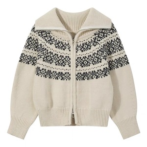 Women's Zipper <b>Cardigan</b> Loose Jacquard Knit Winter Soft Vintage Sweater Coat - Product Image 1