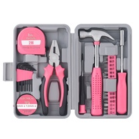 Kit d'outils de bricolage rose 24 pièces pour femmes, marteau, tournevis, pinces, mètre ruban, clés hexagonales, boîte à outils de base en métal et plastique
