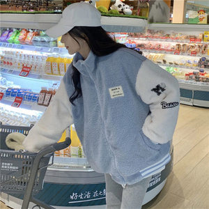 American Retro Stand Up Collar Fleece Jacket Women Black Coffee Color Windproof Autumn Winter Loose Student Baseball Coat - Product Image 4