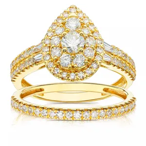 MEDBOO精品珠宝18k黄金1.00克拉梨形切硅石钻石戒指新娘套装结婚戒指情侣戒指套装