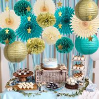 Décorations de fête bleu turquoise et or, lanternes bleues, pompons, éventails en papier, décorations étoiles crème et or pour anniversaire, mariage, fiançailles