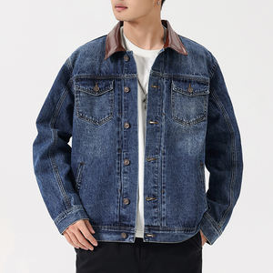 Fournisseur en gros Veste en jean pour <span class=keywords><strong>homme</strong></span>, bleu délavé classique, style trucker, col en cuir contrastant, veste de travail décontractée - Product Image 3
