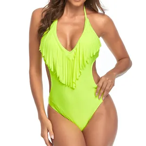 Custom Wholesale Womens one-piece solid color swimsuit with deep V-neck and leaky waist fringed sexy swimsuit