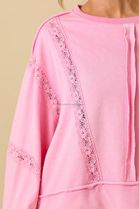 Sweat-shirt décontracté pour femmes en gros, tendance, rose, manches longues, dentelle, patchwork, manches lanternes - Product Image 2