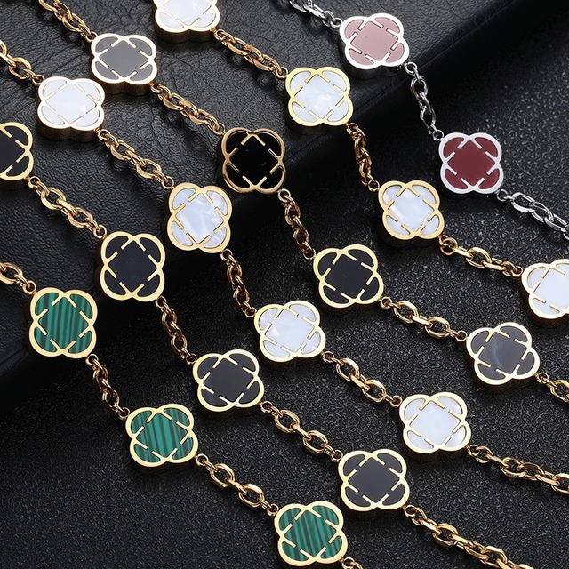 Classic Fashion Titanium Plated Shell Clover Charm Chain Link Bracelet Stainless Steel Lucky Four Leaf Unisex Hip-hop Style