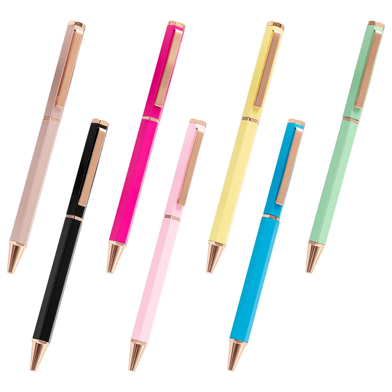새로운 육각 볼펜 도매 간단한 마카롱 금속 펜 레이저 로고 높은 외관 중간 오일 펜