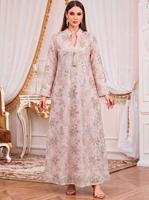 Robe longue maxi modeste pour adultes, col montant, broderie florale, sequins, polyester, pendentif à pompon, manches longues, col en V, style décontracté musulman