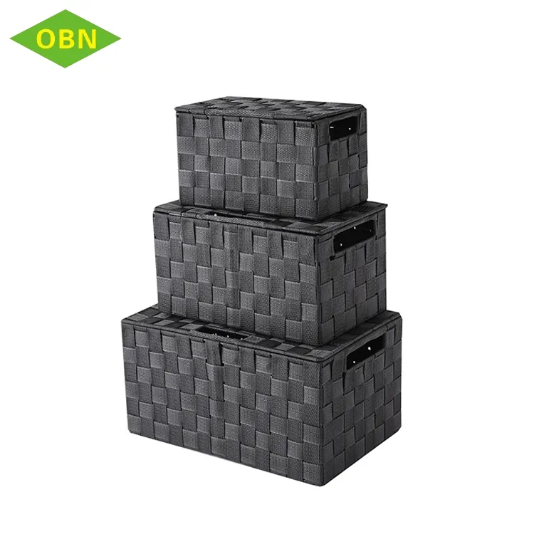 Pack of 3 cupboards grey nylon woven storage basket with lid