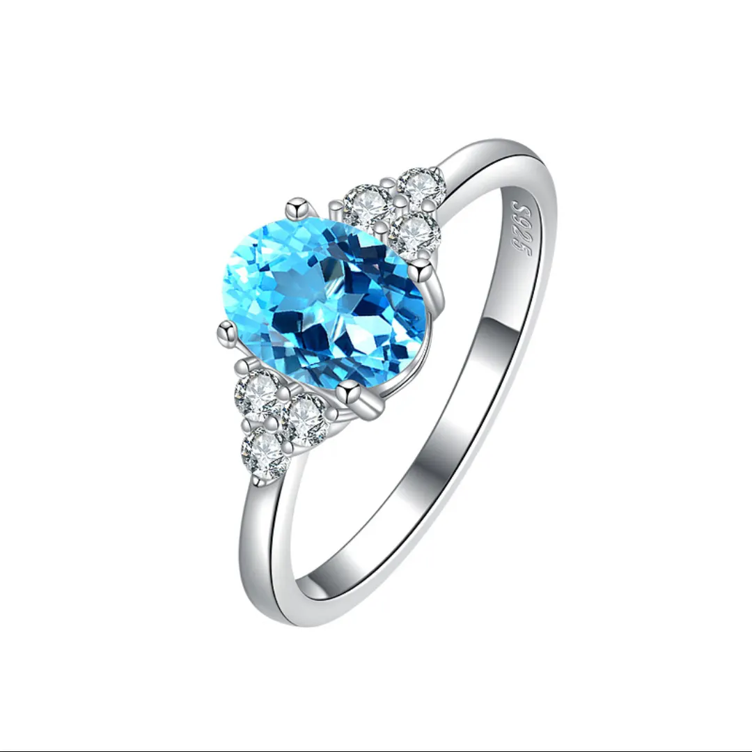 MYF ovalado aguamarina dainty jóias 925 anel de prata esterlina anel de diamante azul aquamarine oval