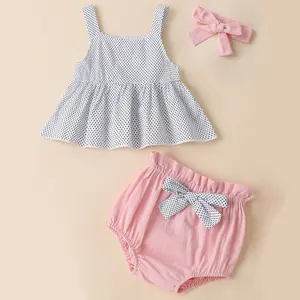 Custom made baby girl boutique clothing polka dot crop tops & bow shorts 3 pieces kids girl summer clothes set