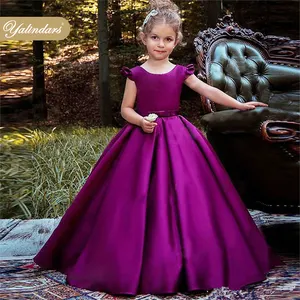 Kids Satin Ruffled Sleeves Bowknot Pageant junior Bridesmaid Wedding Flower Girl Frock Party Dress