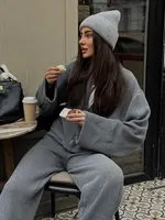 Ensemble Automne-Hiver pour Femmes DN - Nouvelle Veste à Fermeture Éclair, Pantalon à Jambes Larges, Pull en Tricot Doux à Manches Longues, Style Décontracté