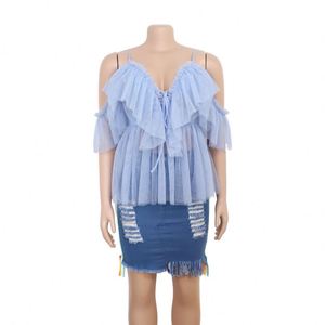 2022 superventas de las mujeres Sexy malla gasa <span class=keywords><strong>encaje</strong></span> cuello en V moda Falbala mujeres camisetas sin mangas cortas Color sólido Casual <span class=keywords><strong>camiseta</strong></span> - Product Image 5
