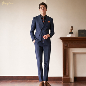 <span class=keywords><strong>Costume</strong></span> Homme de Luxe en Laine Grise 3 Pièces Coupe Slim Croisé Revers Pointus pour Mariage et Affaires - Product Image 4