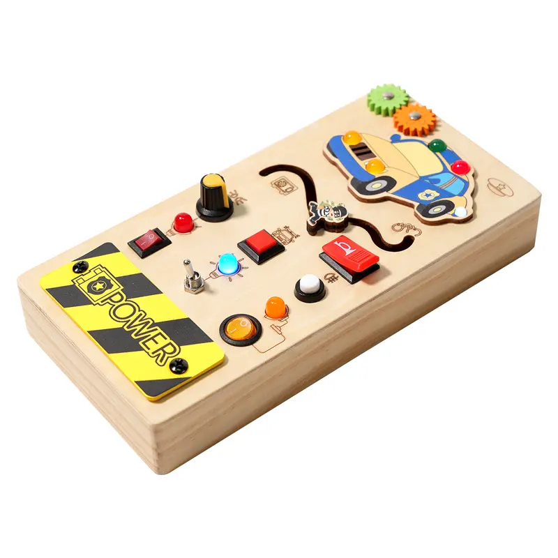 경찰차가있는 몬테소리 바쁜 보드, 유아용 나무 감각 장난감, 8 개의 Led 조명 사운드 버튼이있는 아기 여행 장난감