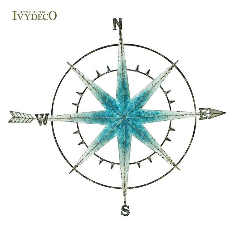 IVYDECOレトロユーズド加工航海装飾サークルアローコンパスウォールデコメタルアートホームデコレーション