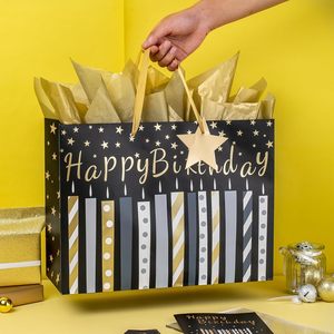 Birthday Gift Bag With Card And <b>Tissue</b> <b>Paper</b> <b>Black</b> Gold Foil Candle Design Ribbon Handle Art <b>Paper</b> 16 In - Product Image 3