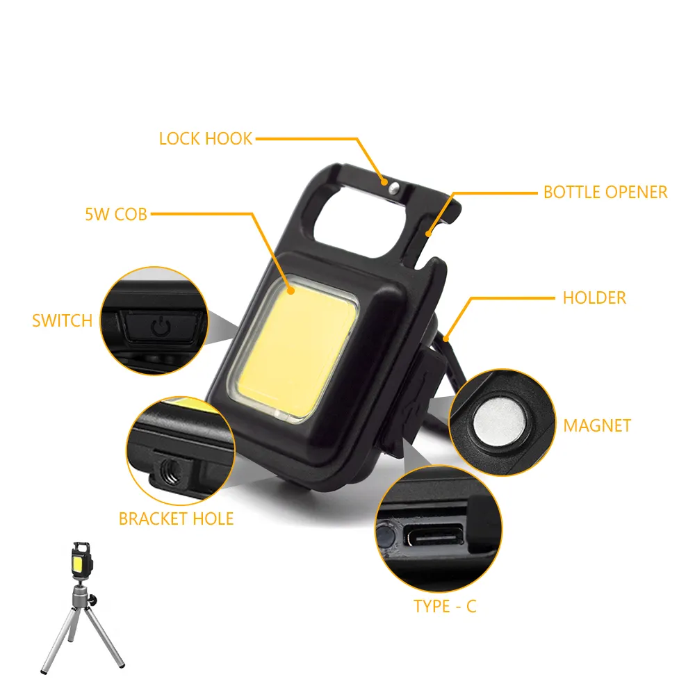 Mini porte-clés de poche portable rechargeable pour l'extérieur, étanche, camping, inspection magnétique, lampe de poche cob led, lampe de travail