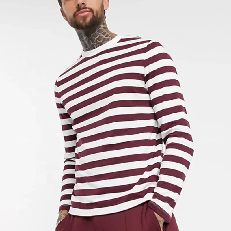 Customizes Fashion trends full hand t shirts for men Round collar 100% cotton long sleeve striped t-shirt