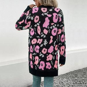 Suéter de Mujer, Cárdigan de Mohair de Manga Larga, Tejido de Lana con Estampado de Leopardo y Flores, Diseño Personalizado - Product Image 3