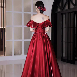 Red Off The Shoulder Evening Gown Long Claret Polyester Simple Design Bridal Dress For Engagement Or Wedding Return Home - Product Image 4