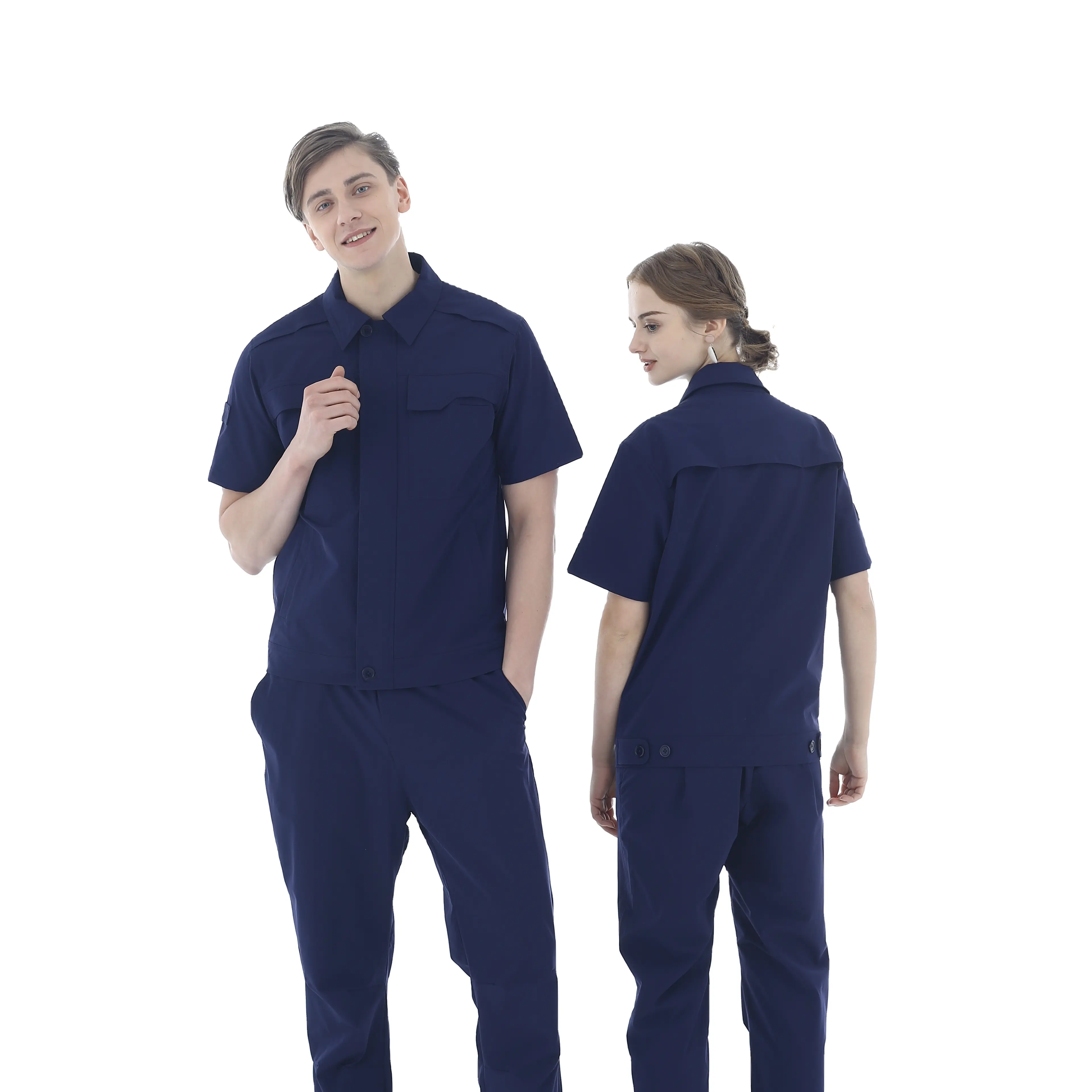 Summer Dark Blue Short Sleeved Anti Static CVC Fabric Safety Work Suit Set Wholesale For Man