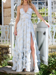 Abito lungo estivo 2026 vintage da <span class=keywords><strong>donna</strong></span> con stampa, scollo all'americana, senza schienale, in chiffon, con orlo svasato e vita impero - Product Image 3