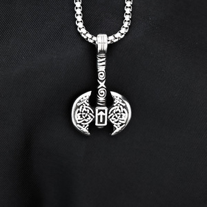 <b>Titanium</b> Steel Men's Pendant Necklace Viking Battle Axe Design Stainless Steel Retro Asymmetry Geometric Pattern Fashion Jewelry - Product Image 3